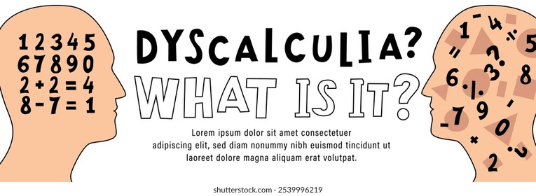 Dyscalculia concept. Math disability banner. Number dyslexia landscape poster. Arithmetic disorder horizontal print. Editable vector illustration in pop art style isolated on a white background.