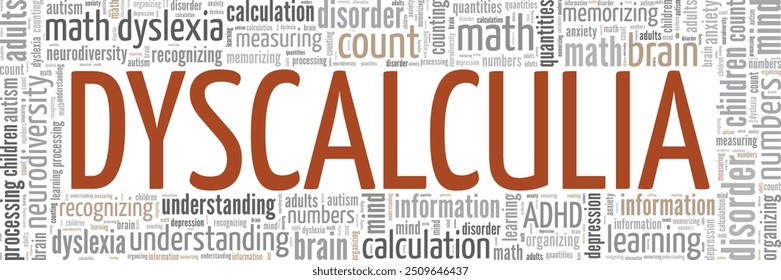 Discalculia: Diseño conceptual de nube de palabras de dislexia matemática aislado sobre fondo blanco.