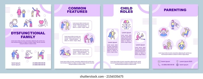 Dysfunctional families brochure template. Problems and abuse. Leaflet design with linear icons. 4 vector layouts for presentation, annual reports. Arial-Black, Myriad Pro-Regular fonts used