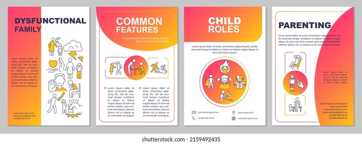 Dysfunctional families red gradient brochure template. Problems, abuse. Leaflet design with linear icons. 4 vector layouts for presentation, annual reports. Arial-Black, Myriad Pro-Regular fonts used