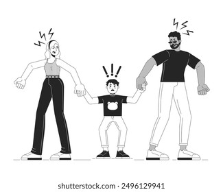 Dysfunctional family dynamic black and white flat line illustration. Yelling parents, scared child boy 2D lineart characters isolated. Childhood trauma. Divorce quarrel monochrome vector outline image