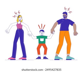 Dysfunctional family dynamic cartoon flat illustration. Yelling parents and scared child boy 2D characters isolated on white background. Childhood trauma. Divorce quarrel scene vector color image