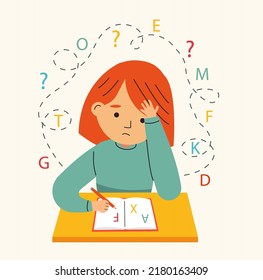 Dysgraphia, dyslexia and  learning difficulties concept. Vector illustration. Young girl  character has problems with reading, writing. - Shutterstock ID 2180163409
