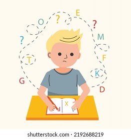 Dysgraphia, dyslexia and  learning difficulties concept. Vector illustration. Young boy character has problems with reading, writing.