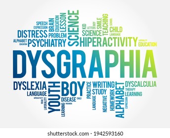 Dysgraphia is a neurological learning disorder that affects a person’s ability to write coherently, clearly, and efficiently, word cloud concept background