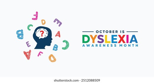 Dyslexia Awareness Month. Human, question mark, brain and alphabet. Great for cards, banners, posters, social media and more. White background. 