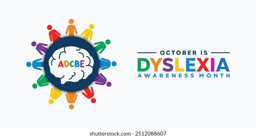 Dyslexia Awareness Month. People, brain and alphabet. Great for cards, banners, posters, social media and more. White background. 