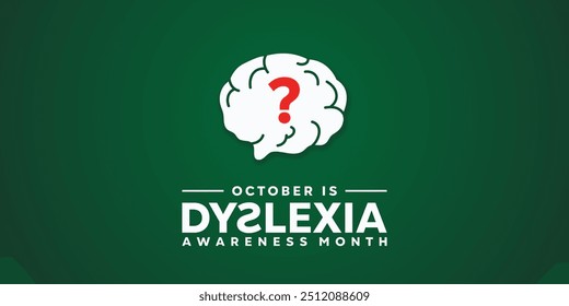 Dyslexia Awareness Month. Question mark and brain. Great for cards, banners, posters, social media and more. Green background. 