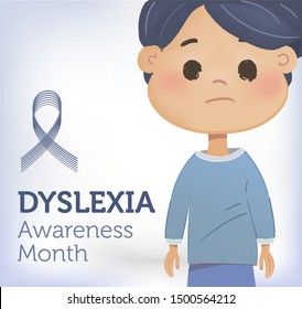 Dyslexia awareness month with silver or gray ribbon. Baby boy with intelligence troubles. Vector isolated illustration.