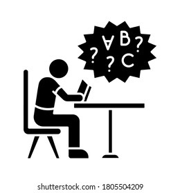 Dyslexia black glyph icon. Difficulty with reading book. Chronic disorder for intelligence. Child with problem in education. Silhouette symbol on white space. Vector isolated illustration