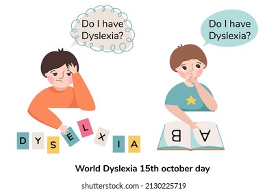 Dyslexia in the boy. Sad kid with dyslexia sitting at table. Boy with reading difficulties. Vector illustration isolated on white background.