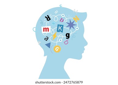 Dyslexia. Boys head and floating tangled letters in her head. Letters and symbols mess. Education, learning to speak and read correctly. Minimalist vector illustration. Isolated. 