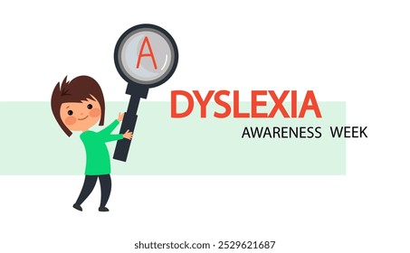 Dyslexia child concept. Dyslexia infographic. cute boy holds a large magnifying glass and studies the letters. Reading skills.  speech Therapy ,Vector illustration isolated on white background.
