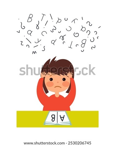Dyslexia child concept. Dyslexia infographic. cute boy holds a large magnifying glass and studies the letters. Reading skills.  speech Therapy ,Vector illustration isolated on white background.