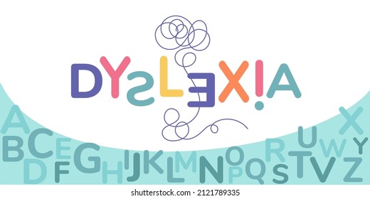 Dyslexia. Colorful letters on white background. Illustration for banner, landing page or poster. Vector