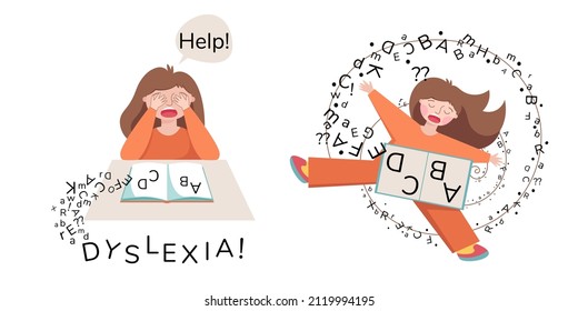 Dyslexia concept. Child suffering with dyslexia is having difficulty in reading a book. Letters escape from the book. Sad girl flying with letters. Vector