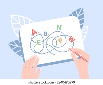 Dyslexia concept. female hands write in a notebook. words and letters