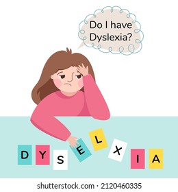 Dyslexia concept. Girl with difficulty in reading. Child doing hard homework. 