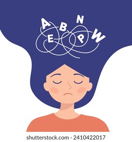 Dyslexia concept. girl with dyslexia. Messed letters, confused thoughts. Vector Character illustration in flat style.