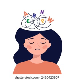 Dyslexia concept. girl with dyslexia. Messed letters, confused thoughts. Vector illustration in flat style.