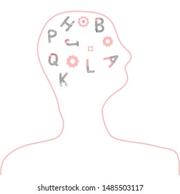 Dyslexia concept. Human brain with alphabet symbols. Vector sign with stylized letters. 