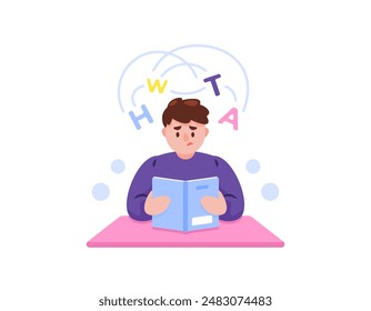 dyslexia concept. illustration of a boy who has difficulty reading. learning disorders due to spelling difficulties. It's hard to learn because you can't read. character design. flat style