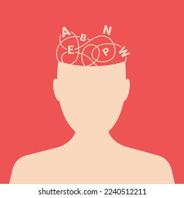 Dyslexia concept. Male silhouette with confused thoughts and letters above his head on a red background