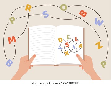 Dyslexia concept. A person hands holding a book. Failing to read. Learning disability. Confused, entangled words and letters. Vector illustration in flat style.