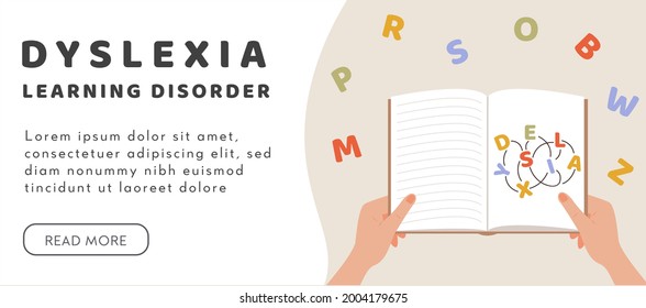 Dyslexia concept. A person hands holding a book. Failing to read. Learning disability. Confused, entangled words and letters. Vector illustration in flat style.