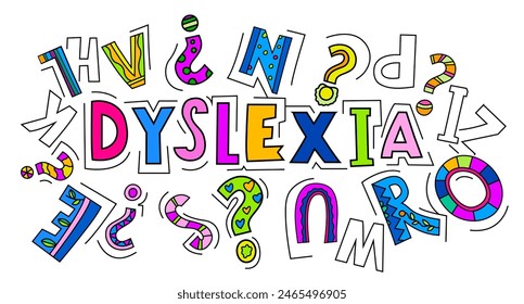 Dyslexia concept. Reading disability web banner. Word recognition difficulty concept. Horizontal poster, print. Editable vector illustration in colorful pop art style isolated on a white background