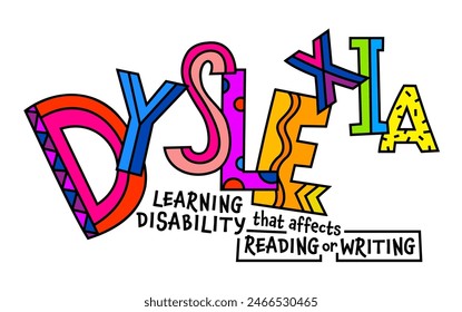 Dyslexia concept. Reading disability web banner. Word recognition difficulty concept. Horizontal poster, print. Editable vector illustration in colorful pop art style isolated on a white background