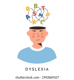 Dyslexie-Konzept. Junge Junge, der Lernschwierigkeiten hat. Gesandte Briefe, verwirrter Kopf. Logopedy, Speech Therapy Lessons, Sprachpathologe. Vektorgrafik-Zeichentrickbild im Flachstil.