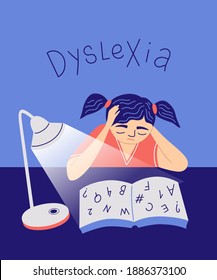 Dyslexia concept.  Young girl difficulty in reading. Logopedy, speech Therapy Lessons, speech pathologist. The child learns to speak correctly. Cartoon vector character illustration.  