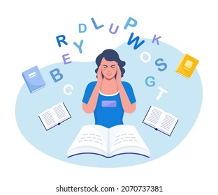 Dyslexia concept. Young girl difficulty in reading. Upset disappointed person with scattered letters above his head and books. Mental disorder trouble with reading. Logopedics, speech therapy lessons