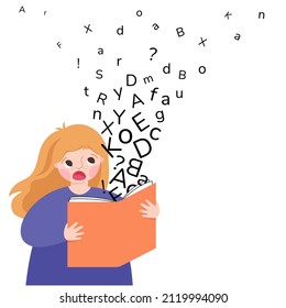 Dyslexia. Confused girl looking at letters flying out of a book. The child learns to speak correctly.