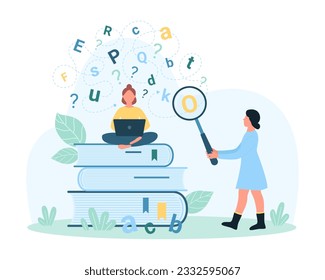 Dyslexia, disability disorder vector illustration. Cartoon tiny people study near stacks of big books, help to solve learning problem, look at letters in chaos of cloud through magnifying glass