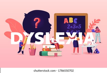 Dyslexia Disorder Concept. Tiny Kids Characters Listen Teacher In Class Front Of Huge Blackboard With Stationery Around In Special School Poster Banner Flyer. Cartoon People Vector Illustration