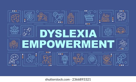 Dyslexia empowerment text with various thin line icons concept on dark blue monochromatic background, editable 2D vector illustration.