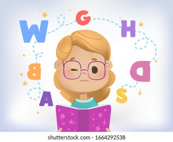 Dyslexia failing to read. Confused girl with eye problem and cloud of scattered letters above his head and book. Learning disability concept. Flat vector illustration. Isolated on white background.