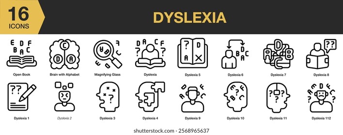 Dyslexia icon set. Includes Dyslexia, Neurological, Disorder, Neural, Learning, Education, Problem, and More. Outline icons vector collection.