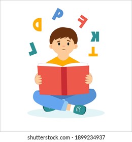 Dyslexia, inability to read. Learning disability concept. Sad boy holding a book. Scattered letters above his head.Flat vector illustration
