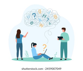 Dyslexia, learning brain disorder and text reading difficulty. Tiny people try to recognize letters in chaos, attention and awareness of problems of dyslexic person cartoon vector illustration