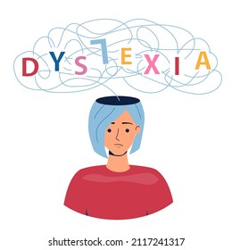 Dyslexia and  learning difficulties concept. Vector illustration. Young girl  character has reading disorder.