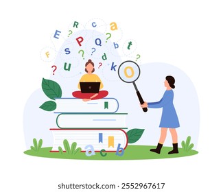 Dyslexia, learning disorder awareness and disability, symptom analysis. Tiny people struggle with difficulty, study chaos and maze scattered letters with magnifying glass cartoon vector illustration