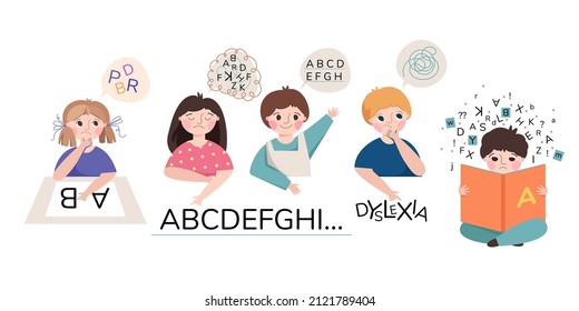 Dyslexia. Сhildren with learning disorder. Boy and girl with difficulty in reading. Vector illustration isolated on white background.