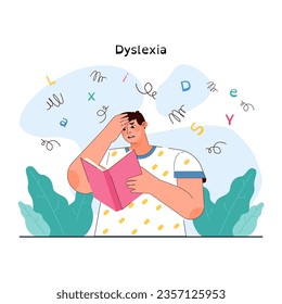 Dyslexia. Learning disorder or disability. Reading, writing or understanding problem. Text and letters recognition difficulty. Education problem. Flat vector illustration