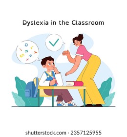 Dislexia. Trastorno del aprendizaje o discapacidad. Problemas de lectura, escritura o comprensión. Dificultad de reconocimiento de texto y letras. El problema de la educación de los niños. Ilustración vectorial plana