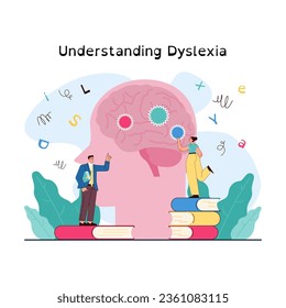 Dyslexia. Learning disorder or disability. Reading, writing or understanding problem. Text and letters recognition difficulty. Children education problem. Flat vector illustration