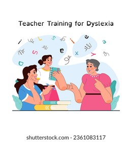 Dyslexia. Learning disorder , reading, writing or understanding problem. Text and letters recognition difficulty. Dyslexic children education training for teachers. Flat vector illustration