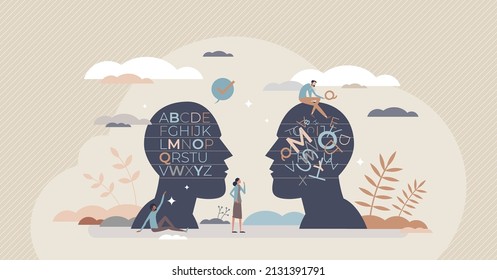 Dyslexia as learning disorder and understanding problem tiny person concept. Mental illness with text reading difficulty and disability to recognize letters compared with healthy vector illustration.